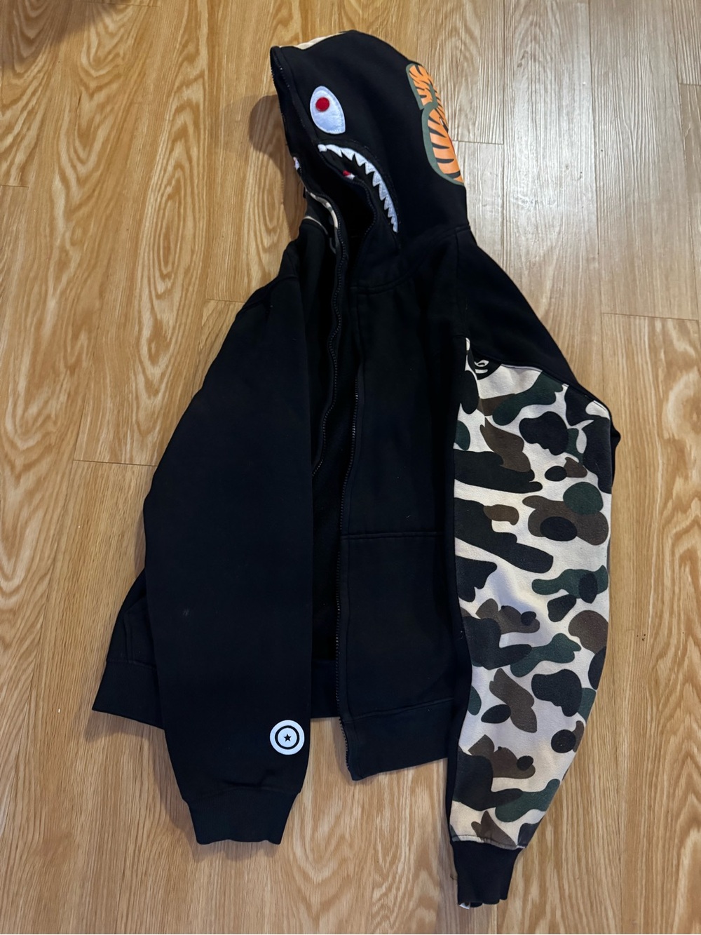 Bape Black Zip-Up Shark Hoodie with Camo Sleeve